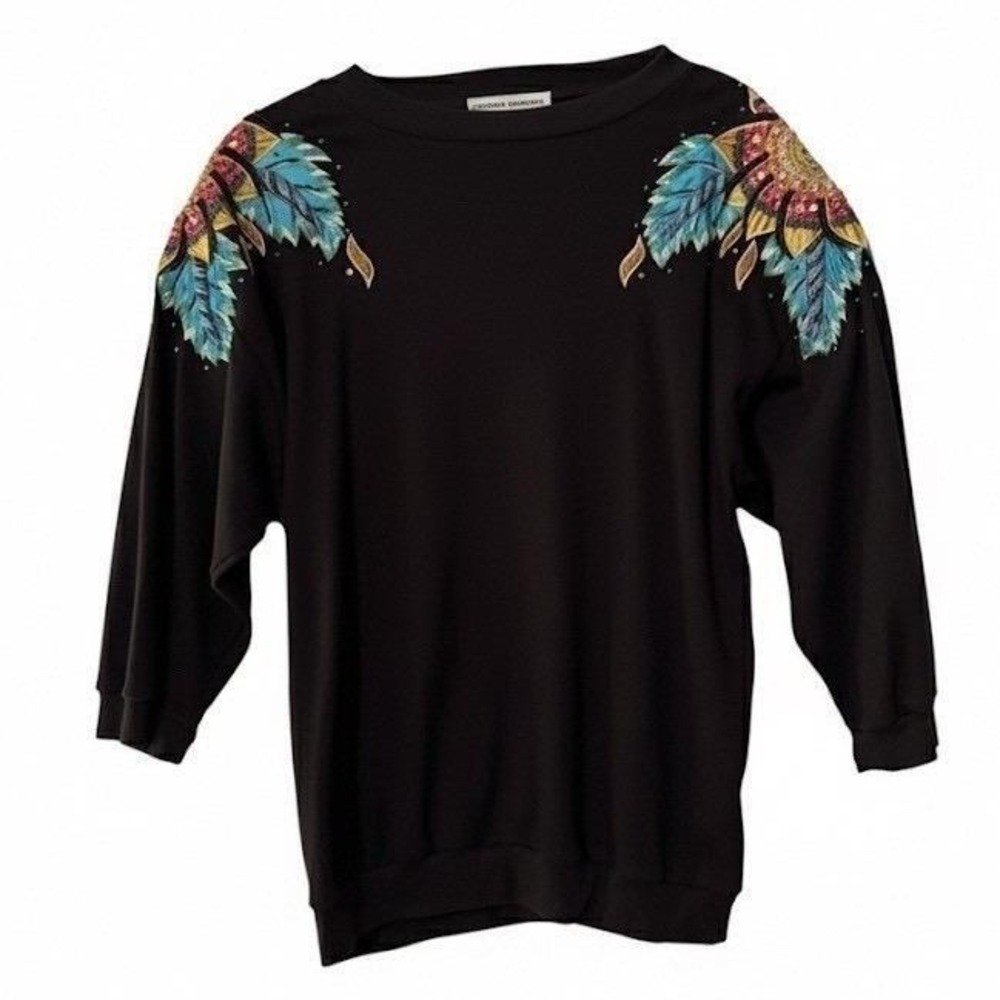 Victoria Harbour Vintage Black Beaded Floral Embroidered Sweatshirt Large‎ L